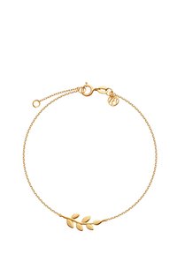 Złoty bransoletka z delikatnym łańcuchem i wzorem gałązki liściastej, z pięcioma płaskimi liśćmi. Regulowany zapięcie z małą metką marki.