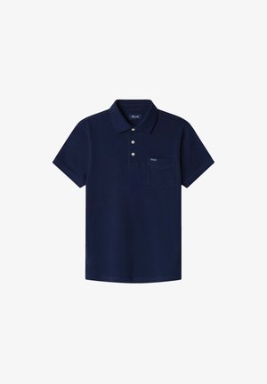 Marineblauwe poloshirt van katoen, met een kraag, een drievoudige knoopsluiting en een borstzak aan de linkerkant.