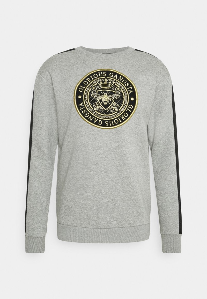 Sudadera gris de manga larga con rayas negras en las mangas y un emblema redondo negro y dorado que presenta una abeja y el texto "Glorious Gangsta" en el pecho.