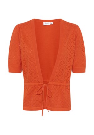 Neulemekko oranssi kardigan, jossa on lyhyet hihat, avoin etuosa ja solmimisnauha. Ominaisuuksiin kuuluu teksturoitu kuvio, jossa on läpi kulkeva sahalaitakuva.