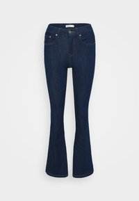 Dark blue denim flared jeans with a classic five-pocket design, metal button closure, and stitching accents on the pockets.