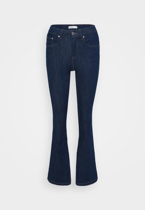 Dark blue denim flared jeans with a classic five-pocket design, metal button closure, and stitching accents on the pockets.