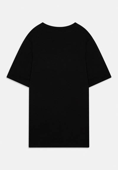 T-shirt noir à manches courtes avec col rond, posé à plat et montrant le dos sur un fond blanc.