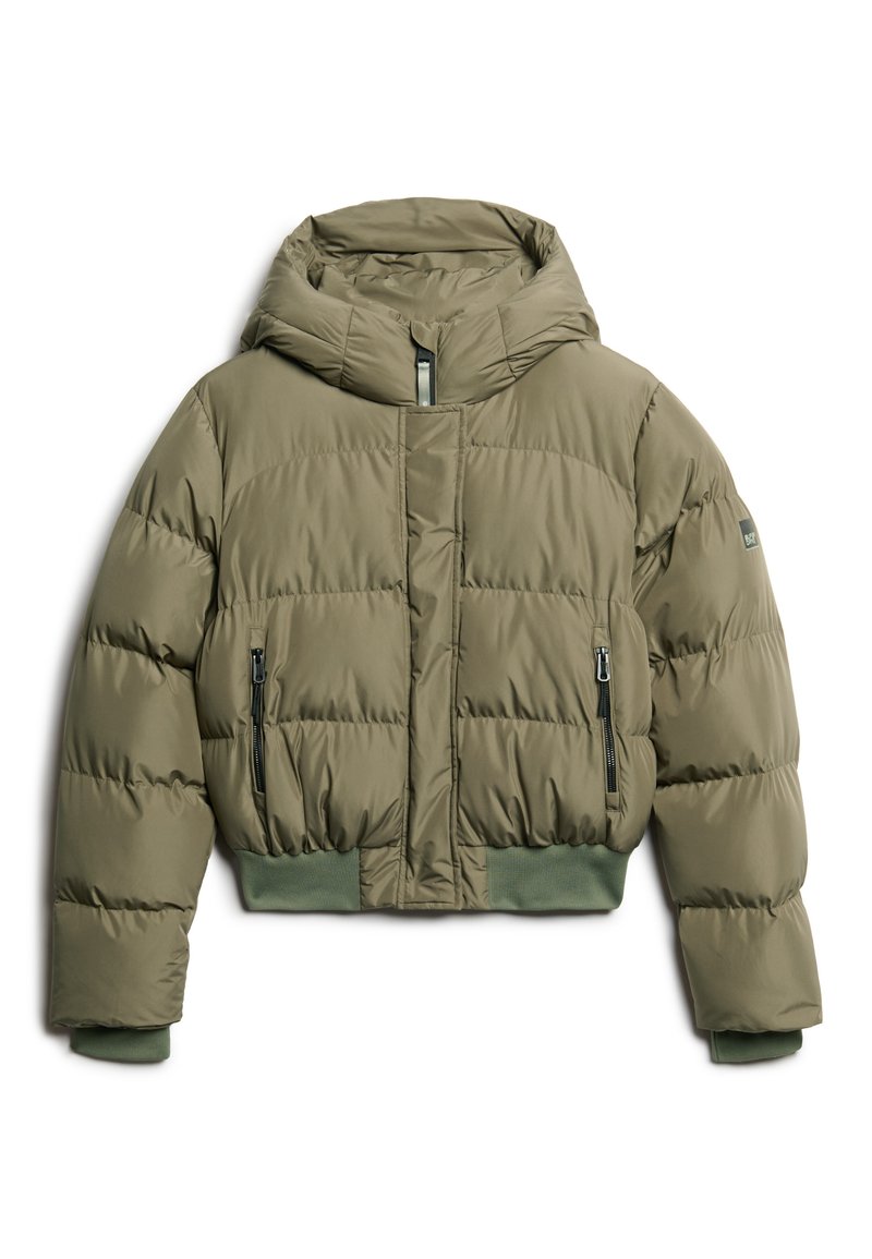 Gekürzte Pufferjacke in Olivgrün, mit Kapuze, frontalem Reißverschluss, zwei seitlichen Reißverschlusstaschen und gerippten Manschetten mit weicher Textur.