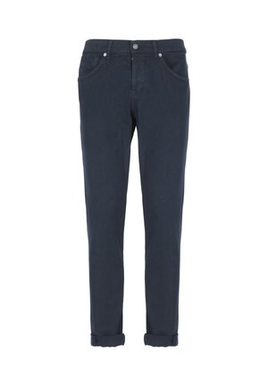 Chino blu navy realizzati in tessuto misto cotone, caratterizzati da un design a gamba dritta, cinque tasche e orli arrotolati per un look curato.