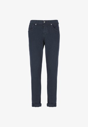 Chino blu navy realizzati in tessuto misto cotone, caratterizzati da un design a gamba dritta, cinque tasche e orli arrotolati per un look curato.