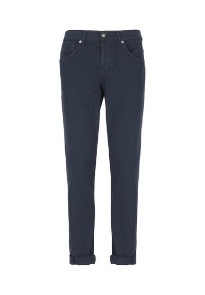 Chino blu navy realizzati in tessuto misto cotone, caratterizzati da un design a gamba dritta, cinque tasche e orli arrotolati per un look curato.