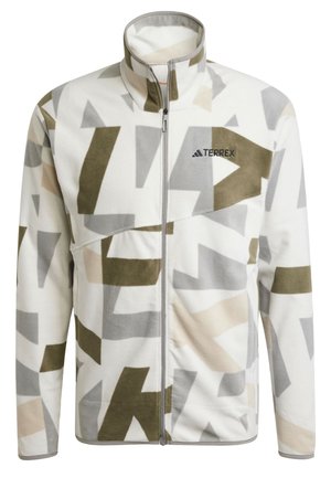 Giacca in pile con colletto alto, base bianca, motivi astratti in beige, grigio e oliva, zip frontale completa e logo TERREX sul petto.