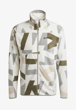 Giacca in pile con colletto alto, base bianca, motivi astratti in beige, grigio e oliva, zip frontale completa e logo TERREX sul petto.