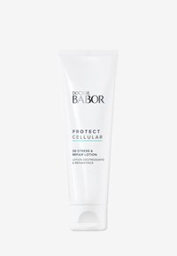 Tube en plastique blanc avec un bouchon vis, étiqueté "DOCTOR BABOR Protect Cellular De-Stress & Repair Lotion" en texte noir et teal.