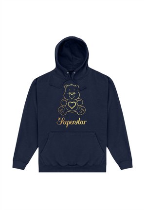Felpa blu navy con tasca frontale, decorata con una grafica di un orso dorato e il testo "Superstar". Tessuto morbido con cappuccio regolabile, vestibilità casual.