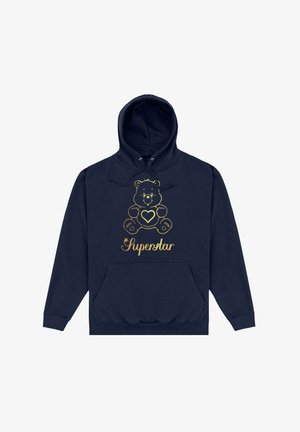 Marineblauwe hoodie met een voorzak, voorzien van een gouden berenafbeelding en de tekst "Superster". Zacht materiaal met een capuchon met trekkoord, casual pasvorm.