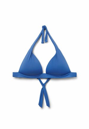 Blå triangelformad bikiniöverdel med justerbara knytband, slät yta och en knutdetalj i mitten. Tillverkad av stretchigt badtyg.