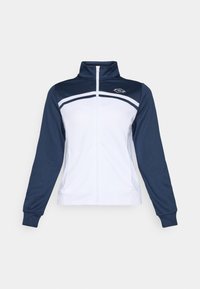 Jacket de treino com fecho éclair, em azul marinho e branco, com mangas longas, apresentando um colarinho alto e um padrão de riscas horizontais no peito.