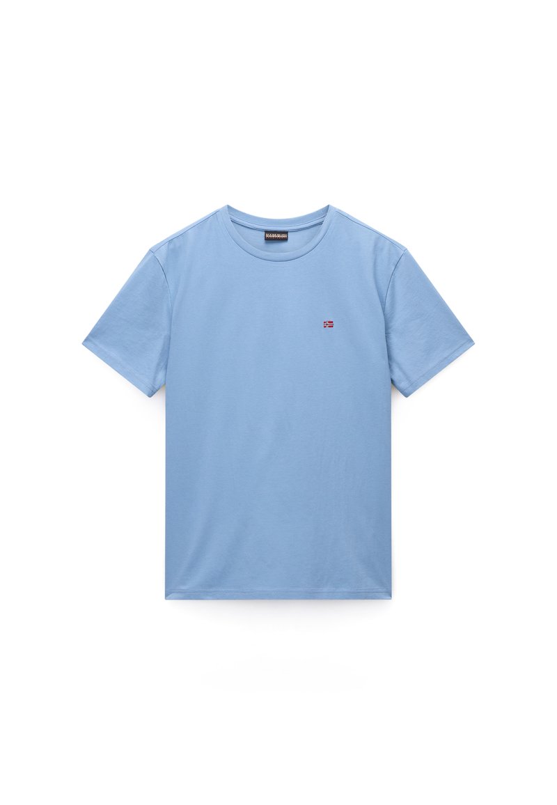 Light blue cotton t-shirt with short sleeves, crew neck, and a small red and white logo on the chest. Smooth texture, casual design.