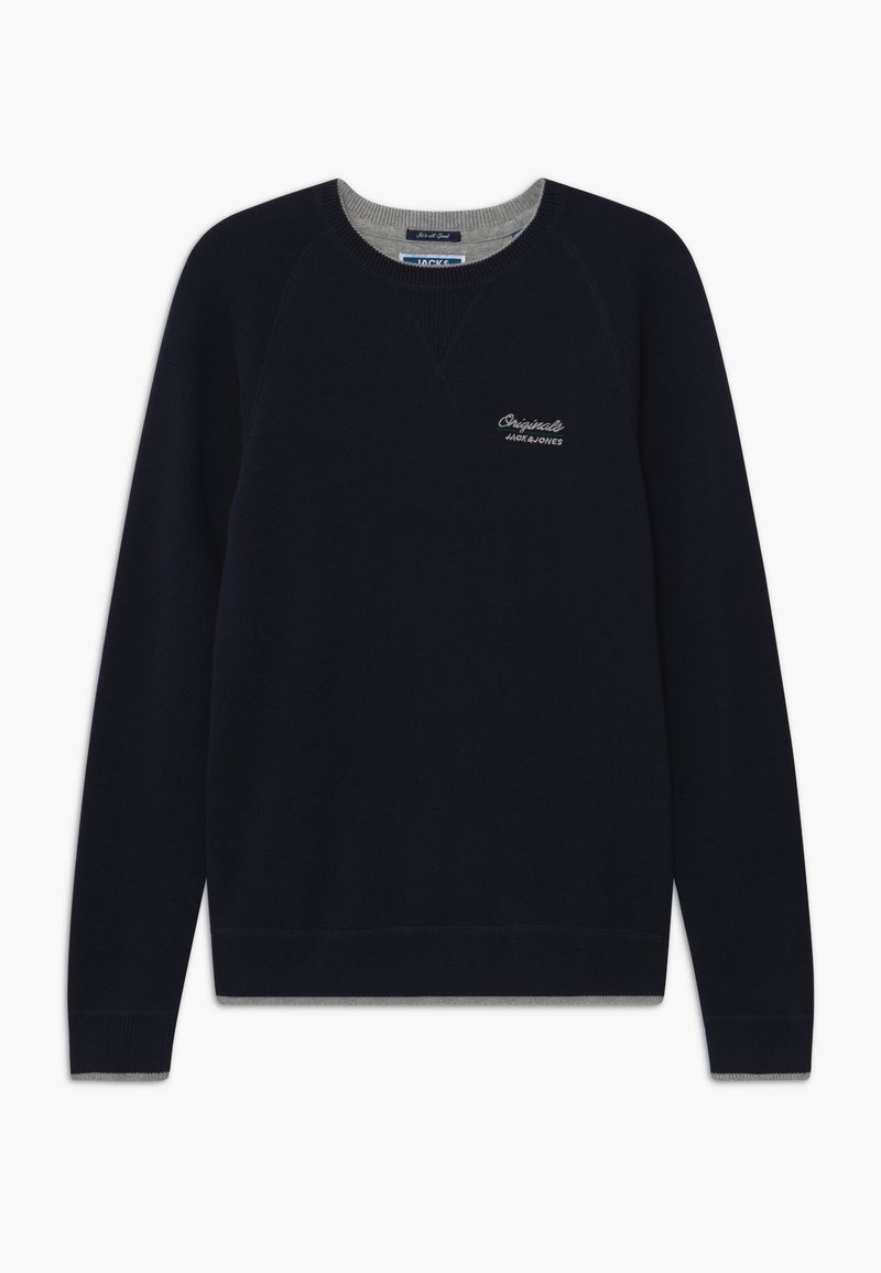 Sweatshirt à manches longues bleu marine avec col rond et intérieur de col gris clair, petit logo "Originals Jack & Jones" sur la poitrine gauche.