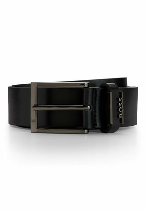 Black leather belt with a smooth texture, featuring a rectangular silver-tone buckle and a metal logo accent on the strap.