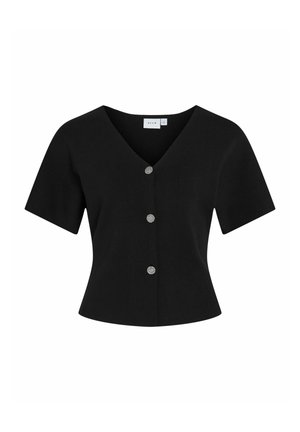 Cardigan court noir à manches courtes avec col en V et trois boutons texturés argentés sur le devant.