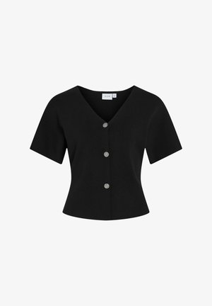 Cardigan court noir à manches courtes avec col en V et trois boutons texturés argentés sur le devant.