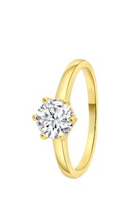Goldplattierter Ring mit einem großen runden Diamanten in sechs Krappen, glatter Band, polierter Oberfläche und einem schlichten, eleganten Design.