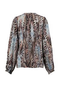 Camicia a maniche lunghe in tessuto leggero e stampato, caratterizzata da tonalità di blu, marrone e crema, con retro plissettato e polsini elasticizzati.