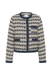 Veste en maille texturée avec un motif à carreaux bleu marine et crème, bordure bleue marine, boutons dorés et quatre poches avant.