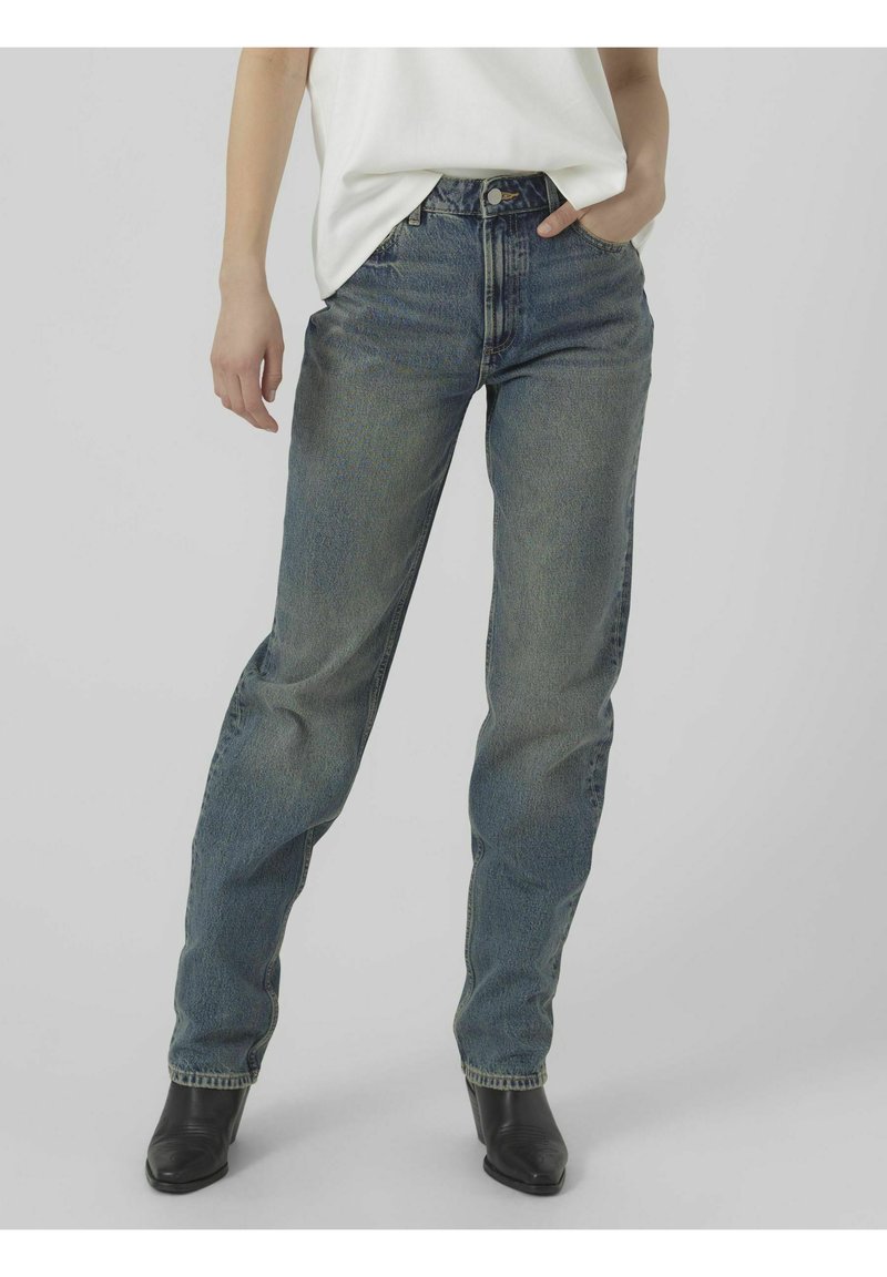 Højtaljede blå jeans med lige ben, lavet af denim, med en falmet vask, fem-lomme design og knaplukning.