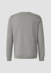 Grauer Pullover mit strukturiertem Strick, rundem Ausschnitt, langen Ärmeln und gerippten Bündchen sowie Saum. Die Rückansicht zeigt ein nahtloses Design.