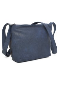 Modrá texturovaná syntetická crossbody taška s plochým designem, nastavitelným popruhem a zipovým uzávěrem, s jemným zrnitým detailem na povrchu.