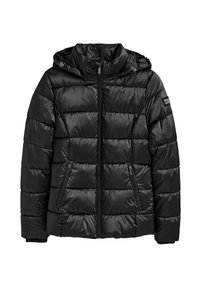 Czarna puchowa kurtka z kapturem, pikowanym wzorem i kieszeniami na zamek. Wykonana z błyszczącego, lekkiego materiału z regulowanymi sznurkami.