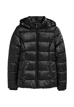 Giacca a vento nera con cappuccio, design trapuntato e tasche con zip. Realizzata in materiale lucido e leggero con coulisse regolabili.