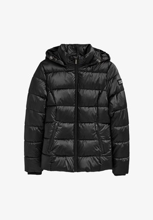 Chaqueta acolchada negra con capucha, diseño acolchado y bolsillos con cremallera. Hecha de material brillante y ligero con cordones ajustables.