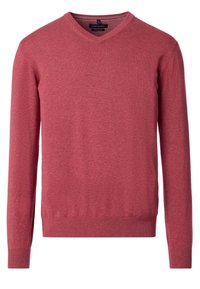 V-Ausschnitt Pullover aus weichem Strickstoff in einem hellroten Farbton. Mit langen Ärmeln sowie gerippten Bündchen und Saum.