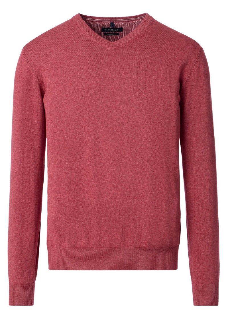 V-Ausschnitt Pullover aus weichem Strickstoff in einem hellroten Farbton. Mit langen Ärmeln sowie gerippten Bündchen und Saum.