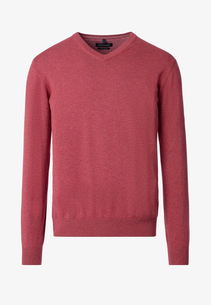 V-Ausschnitt Pullover aus weichem Strickstoff in einem hellroten Farbton. Mit langen Ärmeln sowie gerippten Bündchen und Saum.