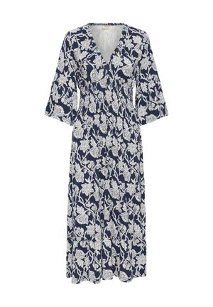 Robe midi bleu marine avec motif floral blanc, décolleté en V, taille froncée et manches cloche trois-quarts.