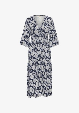 Tumesinise tooniga midi-kleit valge lillemustriga, V-kaelusega, kogutud vöökoha ja kolmeveerandvarrukatega kellukevarrukad.