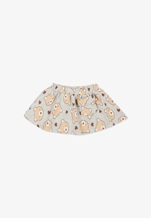 Gonna grigia per bambini con motivo a tutto campo di facce di orso beige e piccoli cuori marroni, con una cintura in vita e un piccolo fiocco di stoffa.