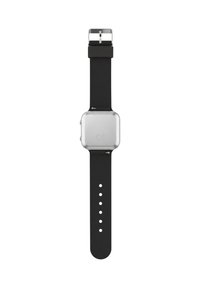 Montre avec bracelet en silicone noir et un boîtier carré en métal argenté. Présente une surface lisse et un design simple avec plusieurs trous pour ajustement.