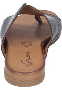 Black leather slide sandal with two diagonal straps, tan leather insole, and smooth texture. Lightly cushioned footbed for comfort.