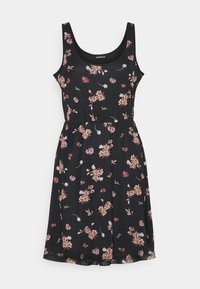 Robe noire à motifs floraux avec un corsage ajusté, des bretelles larges et une jupe évasée. Détails floraux dans des tons de rose, blanc et vert.