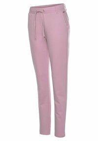 Lichtroze broek met een trekkoord in de taille, zijzakken, slim fit, gladde textuur en een eenvoudig design.