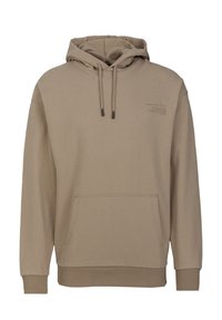 Felpa con cappuccio marrone chiaro, tasca a marsupio frontale, cappuccio con stringa e piccolo testo stampato sulla parte superiore sinistra del petto.