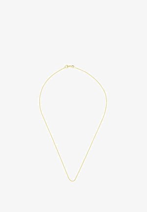 Goldfarbige Halskette mit einem zarten, dünnen Kettendesign, das einen Karabinerverschluss aufweist. Die Kette hat eine glatte Textur und eine V-förmige Kontur.