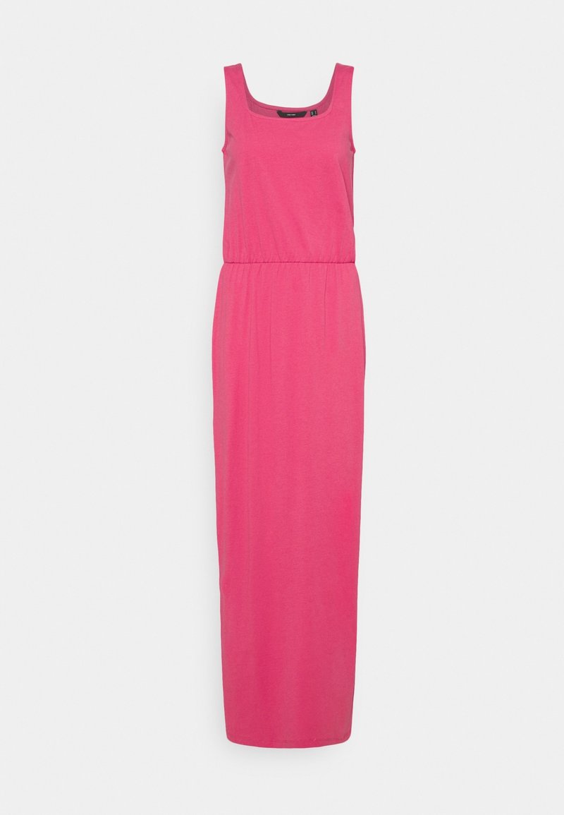 Robe maxi rose sans manches avec un décolleté carré et une taille froncée, présentée sur un fond clair uni.