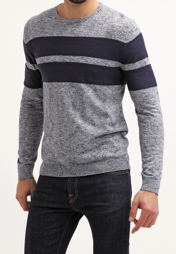 Homme portant un pull en maille gris avec deux larges rayures horizontales bleu marine sur la poitrine et les manches, assorti à un jean foncé.
