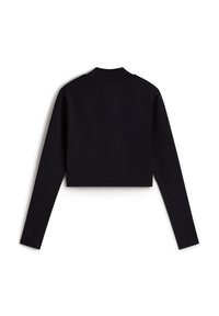 Black cropped long-sleeve top made of smooth fabric. Features a straight hem and a classic collar. Simple design with no embellishments.