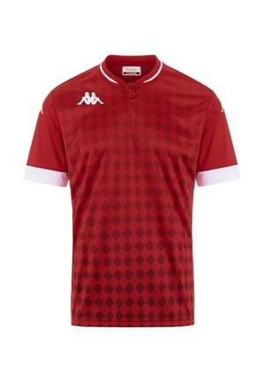 Maglietta rossa a maniche corte con motivo a losanghe, con dettagli bianchi sulle maniche e sul colletto, realizzata in tessuto leggero. Logo Kappa sul petto.