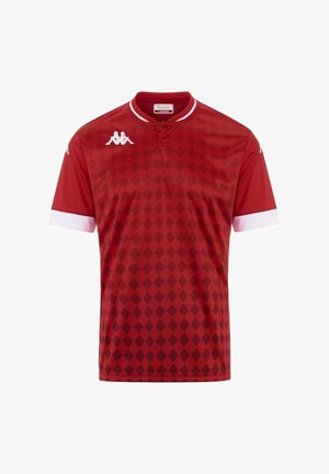 Maillot rouge à manches courtes avec un motif en losange, accents blancs sur les manches et le col, fabriqué en tissu léger. Logo Kappa sur la poitrine.