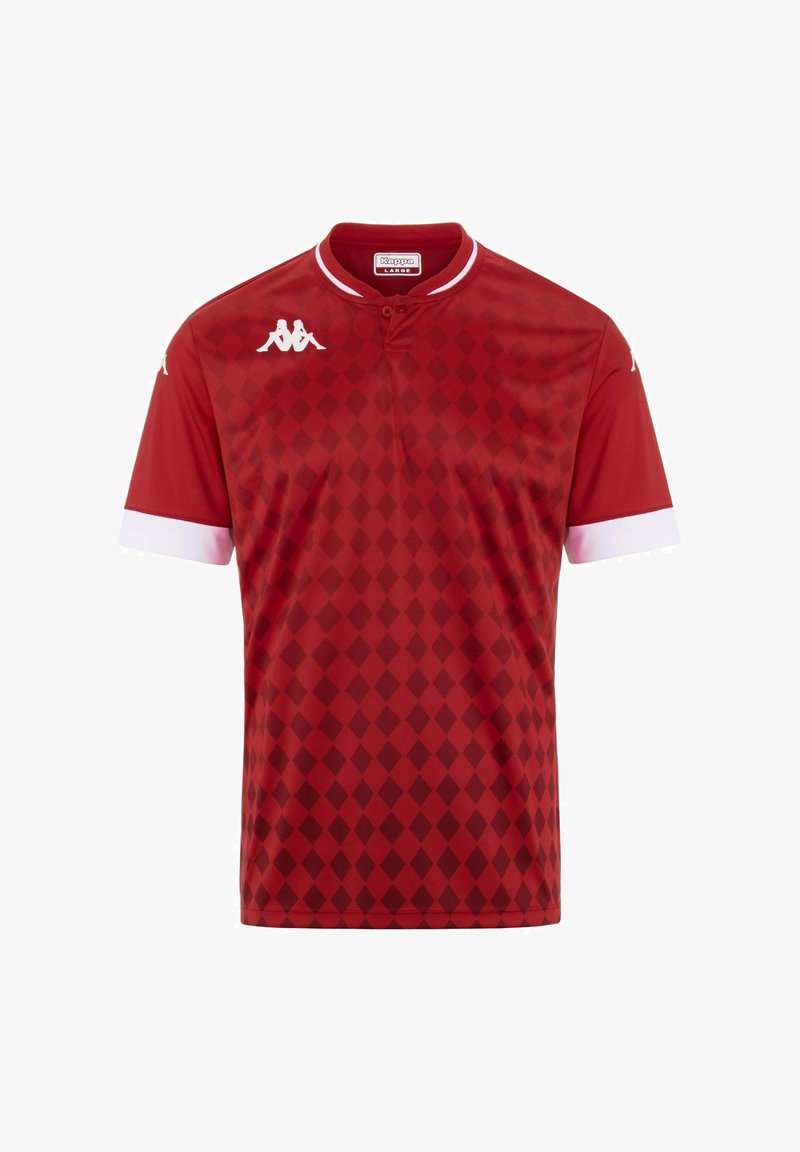 Maillot rouge à manches courtes avec un motif en losange, accents blancs sur les manches et le col, fabriqué en tissu léger. Logo Kappa sur la poitrine.